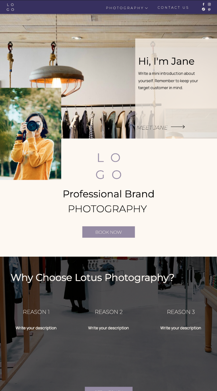 Commercial photography website homepage with studio scene, hanging lamp, and boutique clothing rack