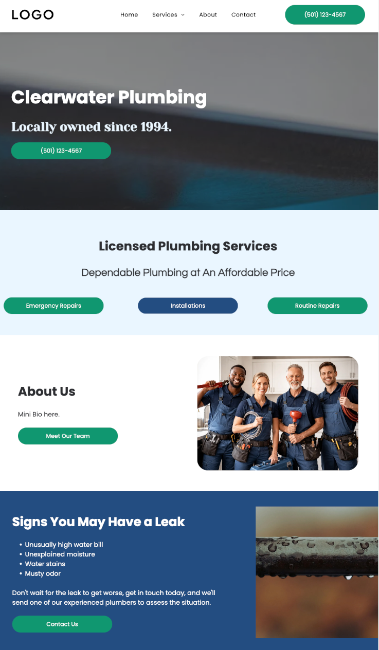 Plumbing company website homepage with hero banner, service buttons, about section, and team photo