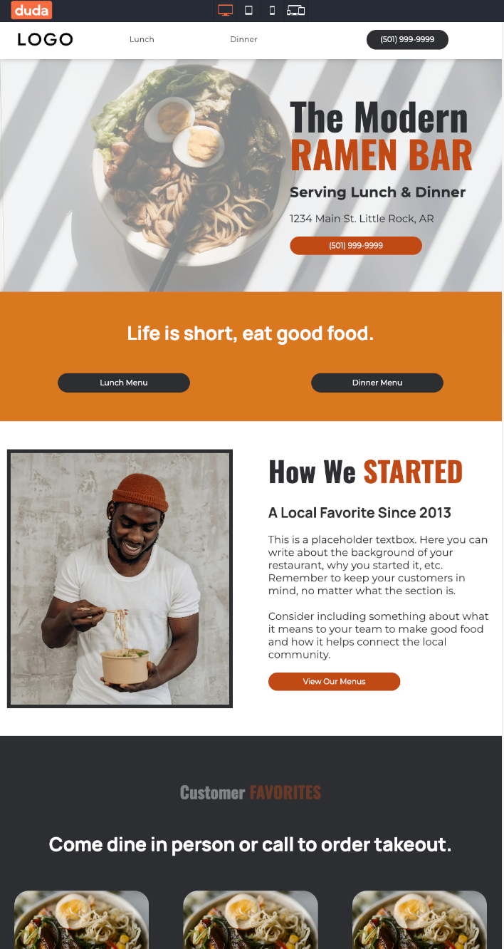 Restaurant website homepage for The Modern Ramen Bar with orange and dark accents, featuring menu and story sections.