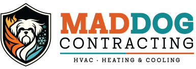 Logo for Mad Dog Contracting, featuring a dog in a shield design next to orange and teal text. Below is