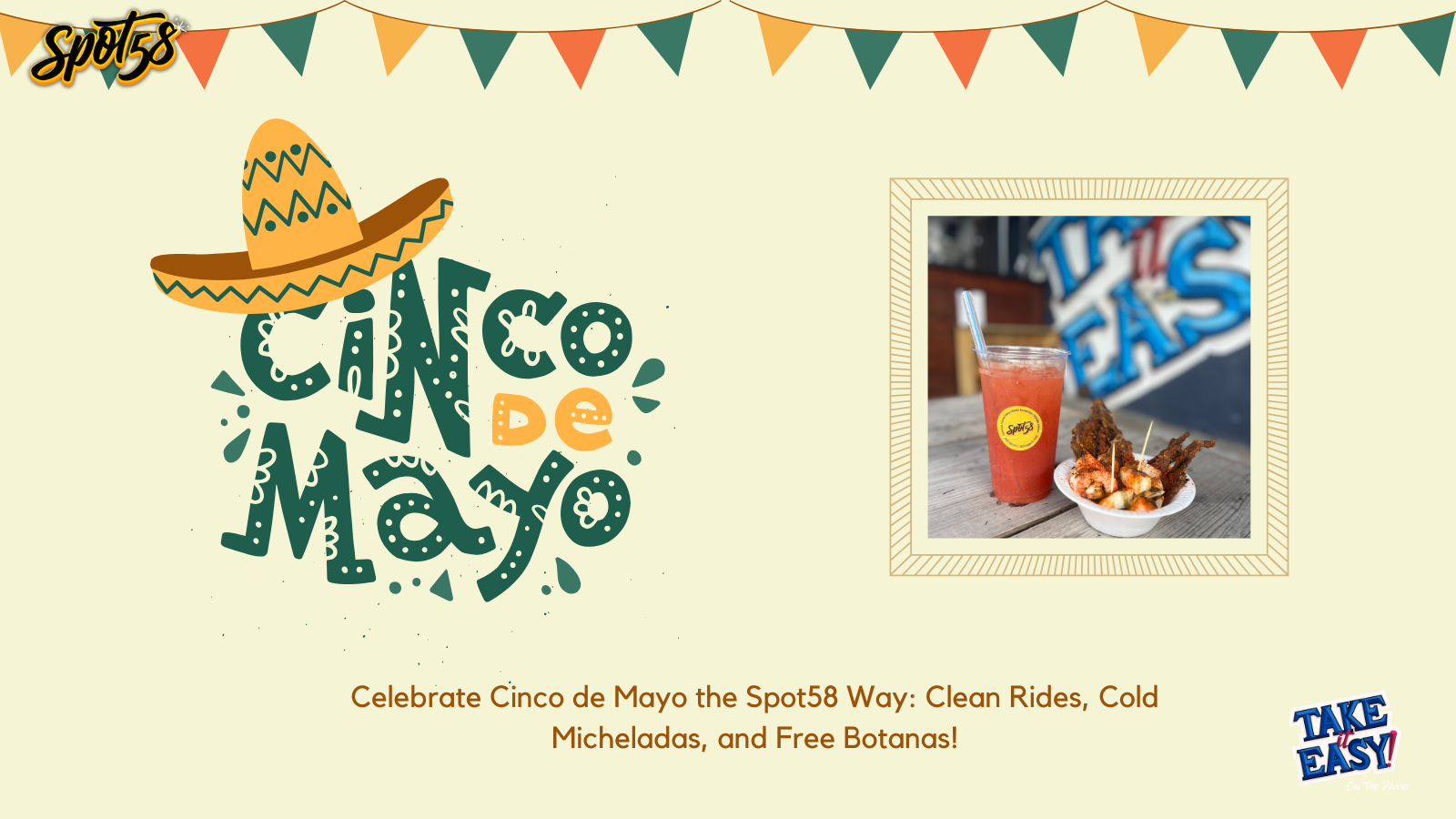 A poster for cinco de mayo with a sombrero and a picture of food at Spot58 Car Wash and Detail Center in North Houston