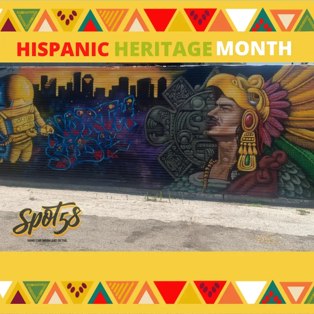 A Hispanic heritage month mural at Spot58 Car Wash and Detail Center in North Houston