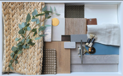 A neutral-toned mood board with textures of woven fibers, wood, fabric, and a sprig of eucalyptus.