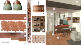 Mood board of a restaurant interior design concept with terracotta and natural wood elements.