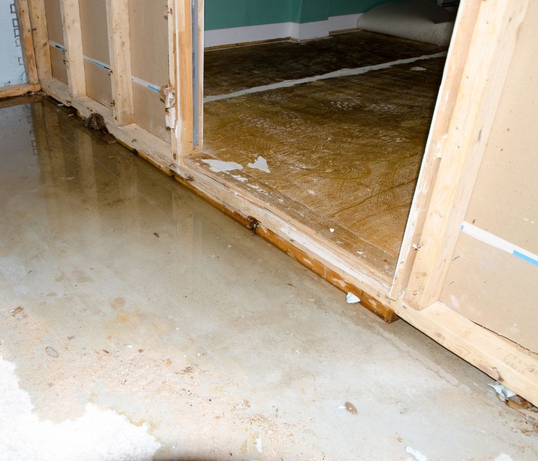 Flooded interior doorway with water damage to wood framing and floor. Concrete floor is wet.