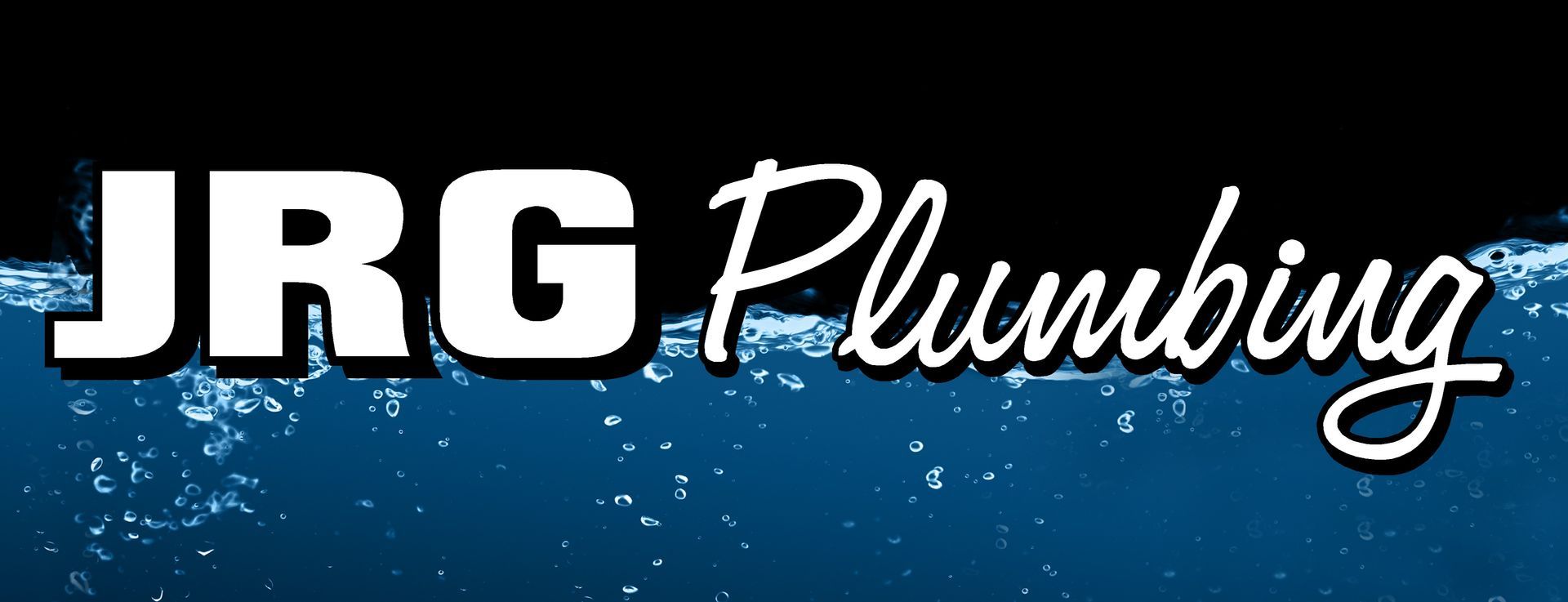 JRG Plumbing logo with white text over blue water background.