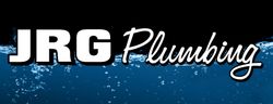 JRG Plumbing logo with white text over blue water background.