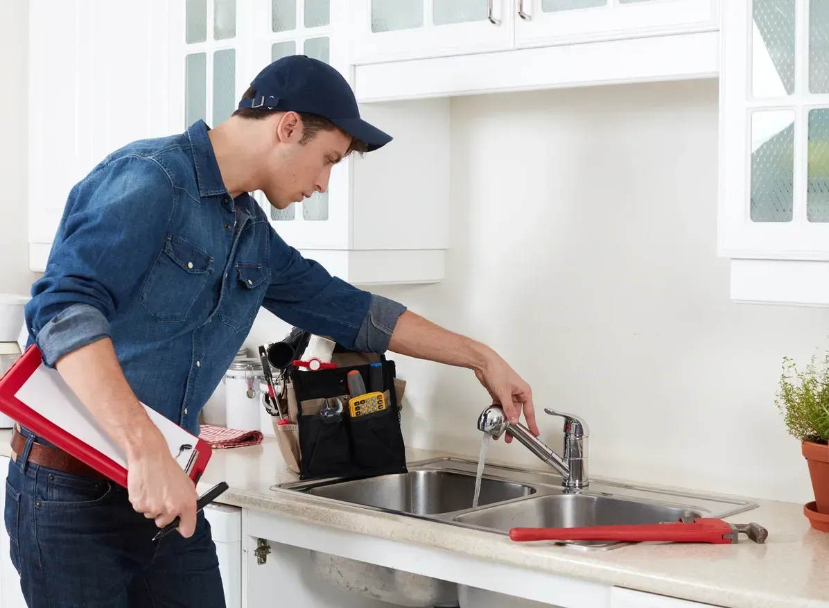 Plumber examines a kitchen faucet with running water. He's holding a clipboard and wrench, standing near a sink.