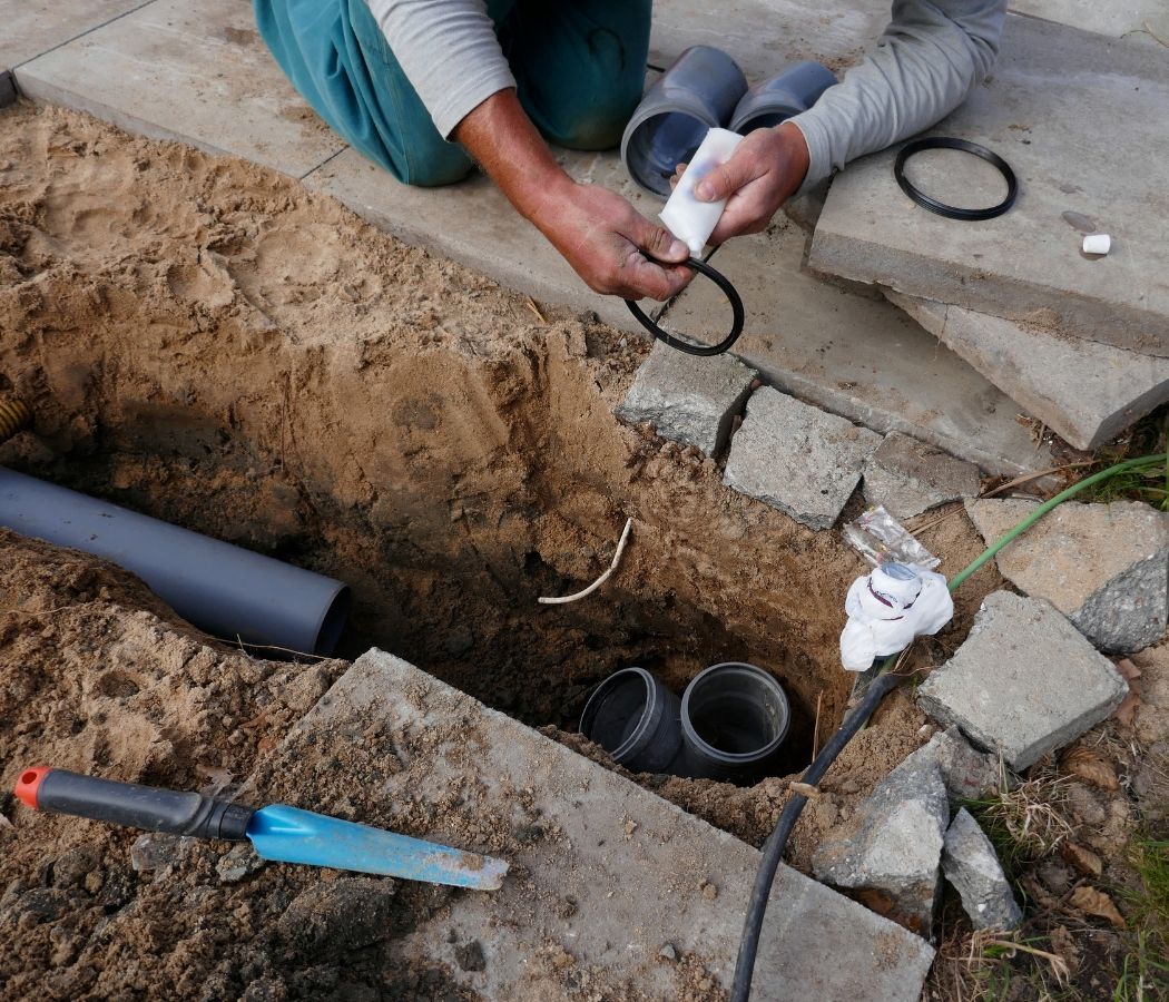 Person installing underground plumbing. Pipes, gaskets, and tools in a trench.