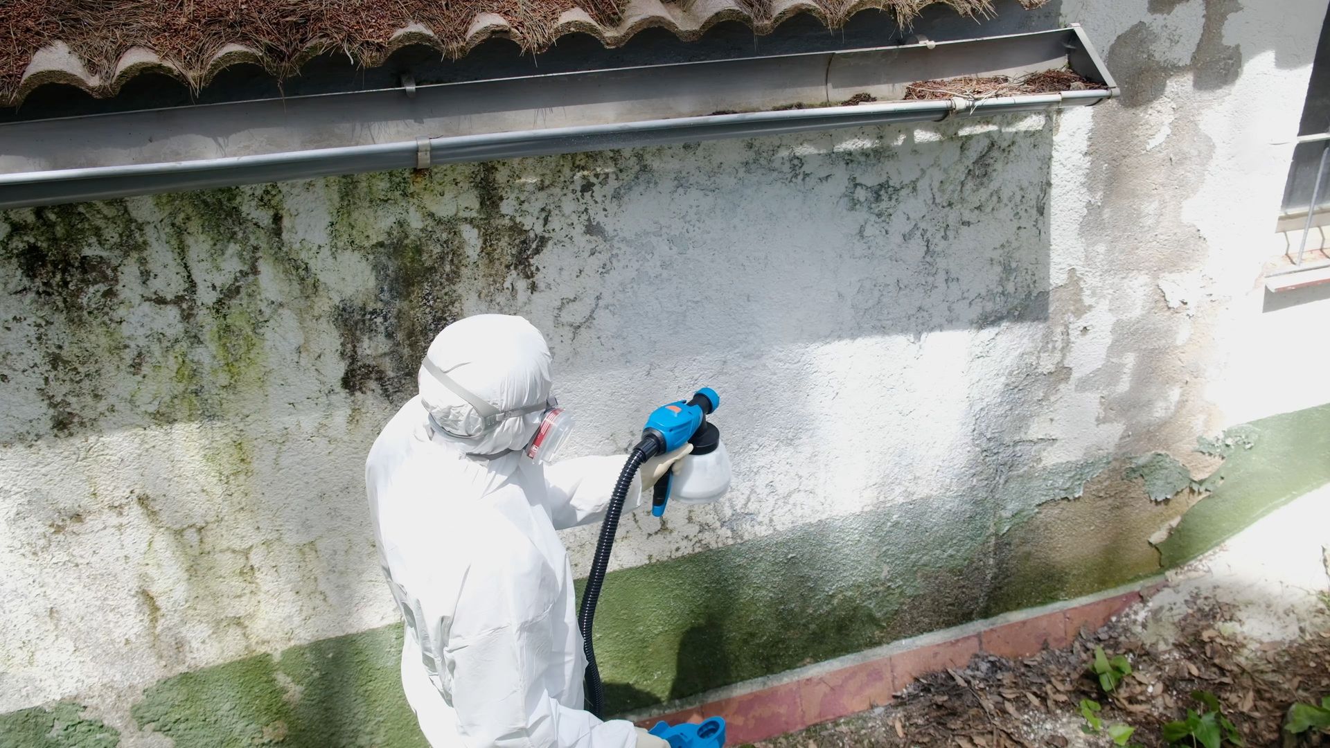 Person in white protective suit pressure-washing a moldy white wall outdoors. Person in white protective suit pressure-washing a moldy white wall outdoors.