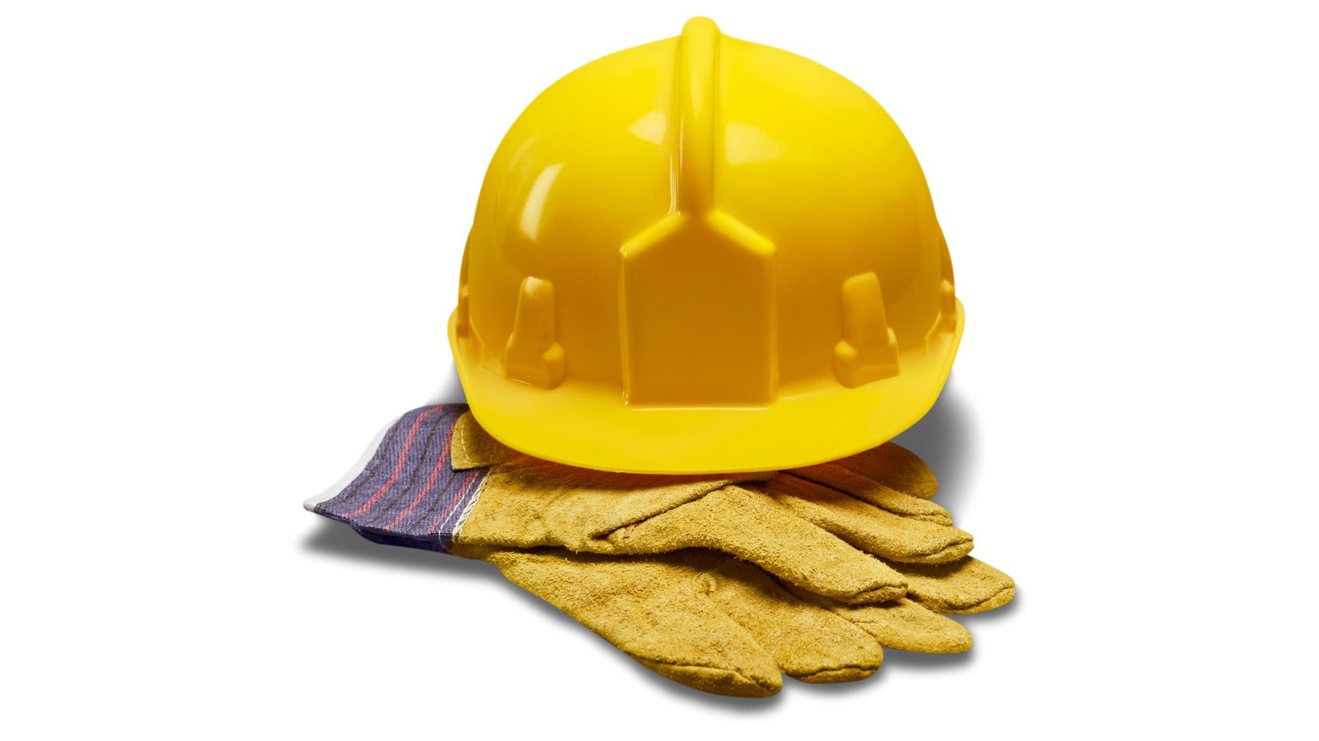 Yellow hard hat resting on work gloves, isolated on a white background Yellow hard hat resting on work gloves, isolated on a white background