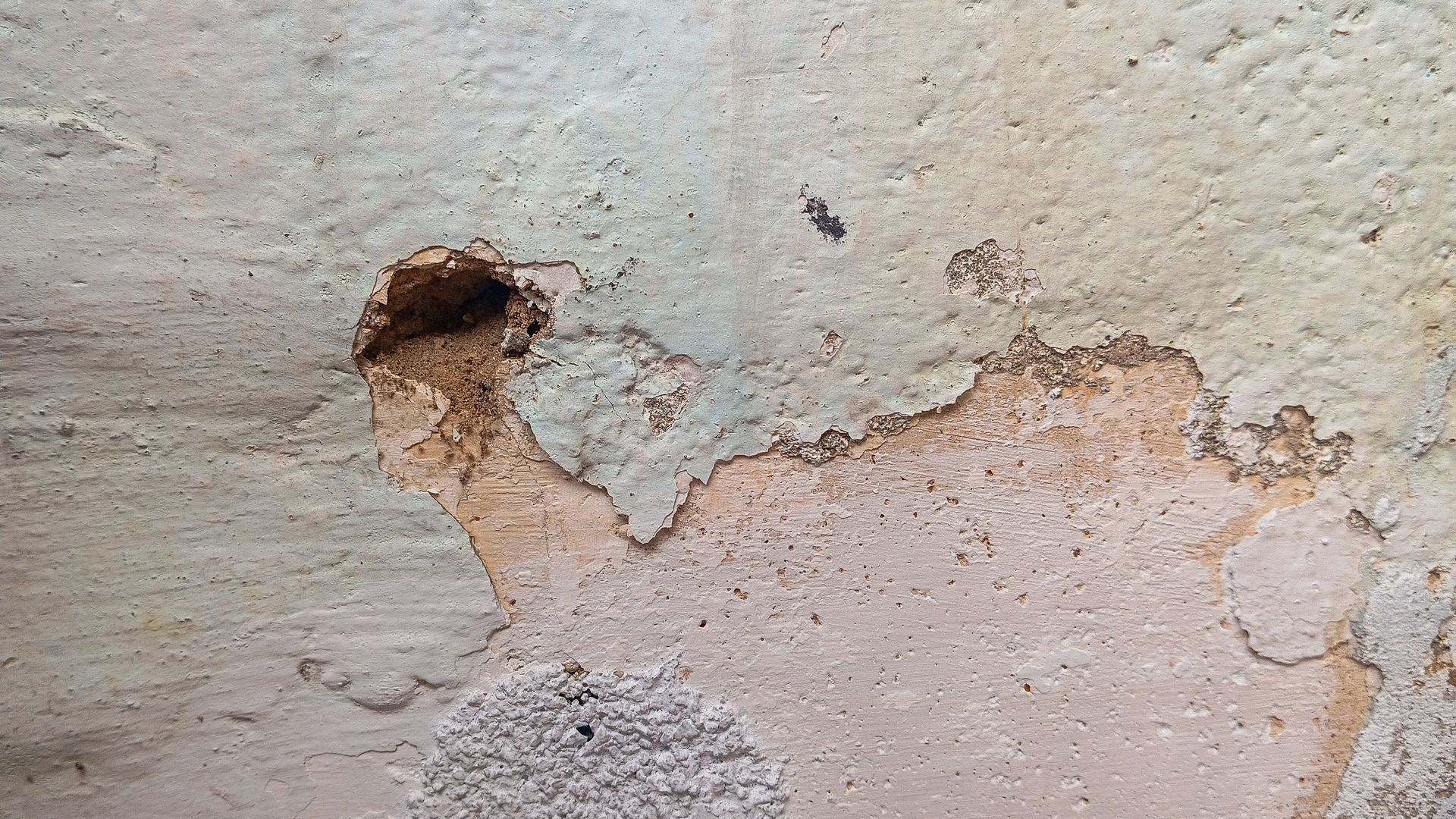 Peeling beige wall plaster with a small hole and exposed damaged area Peeling beige wall plaster with a small hole and exposed damaged area