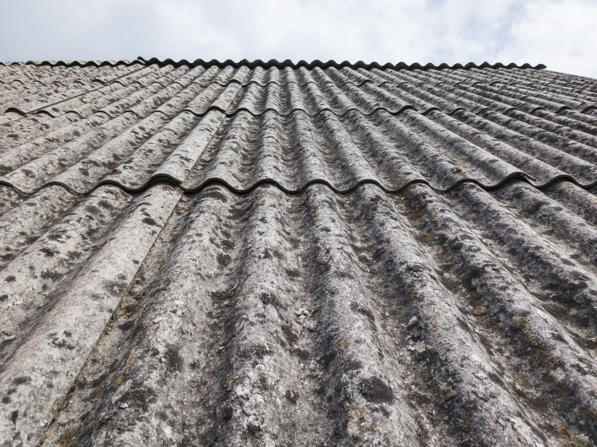 Close-up of a weathered corrugated roof with gray-black moss and stains Close-up of a weathered corrugated roof with gray-black moss and stains