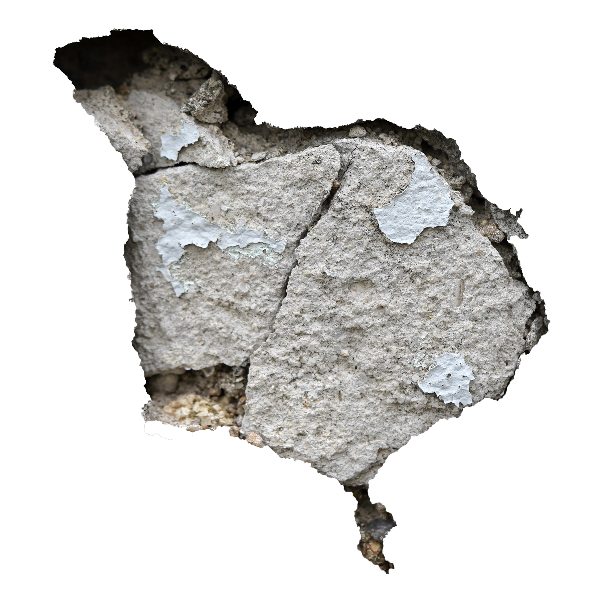 Broken white plaster or concrete fragment with rough gray edges on a white background Broken white plaster or concrete fragment with rough gray edges on a white background