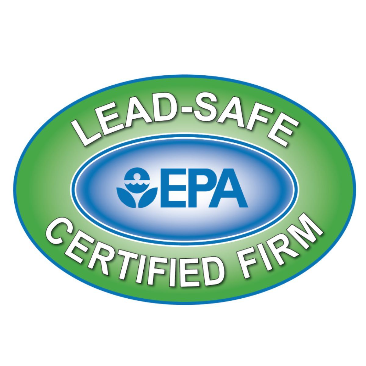 Green and blue EPA Lead-Safe Certified Firm badge/logo with white text