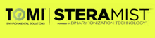 Tomi Steramist logo on yellow background, black and green text with a small green leaf icon Tomi Steramist logo on yellow background, black and green text with a small green leaf icon