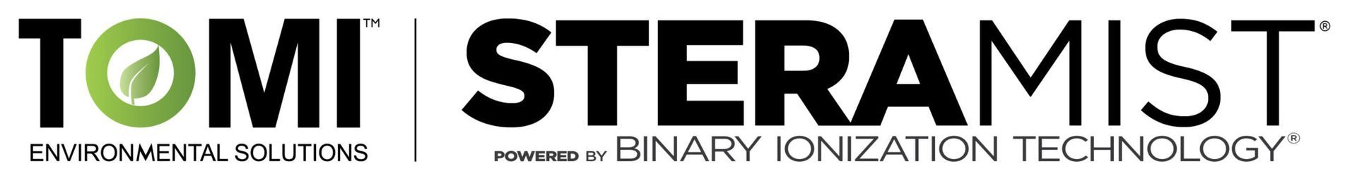 TOMI and STERAMIST logos in black and green on a white background