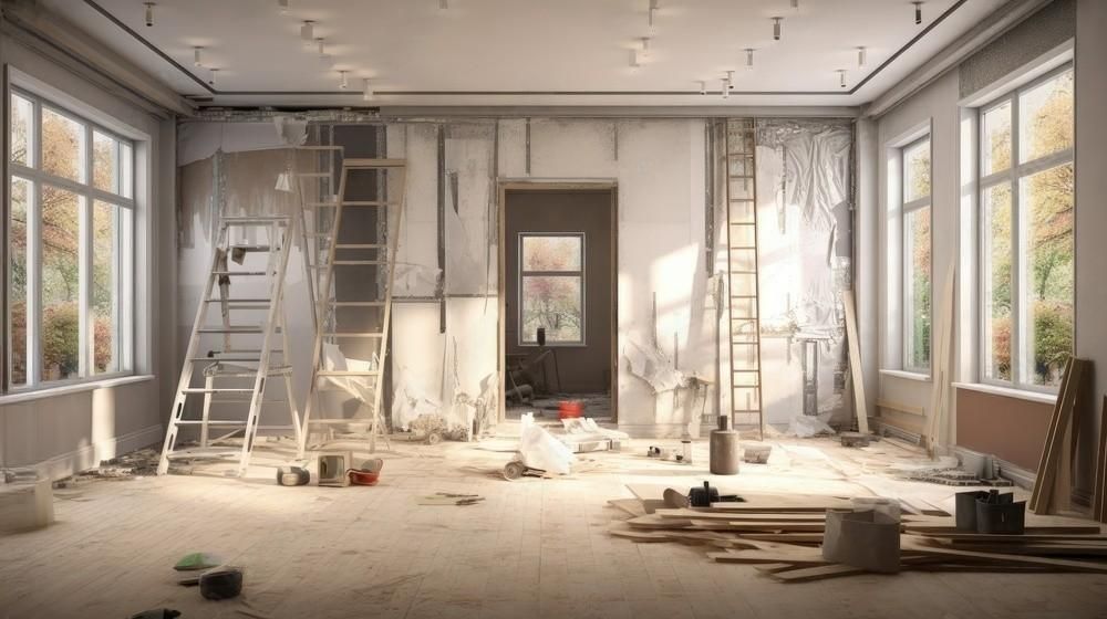 a room is being remodeled with a lot of windows and a ladder .