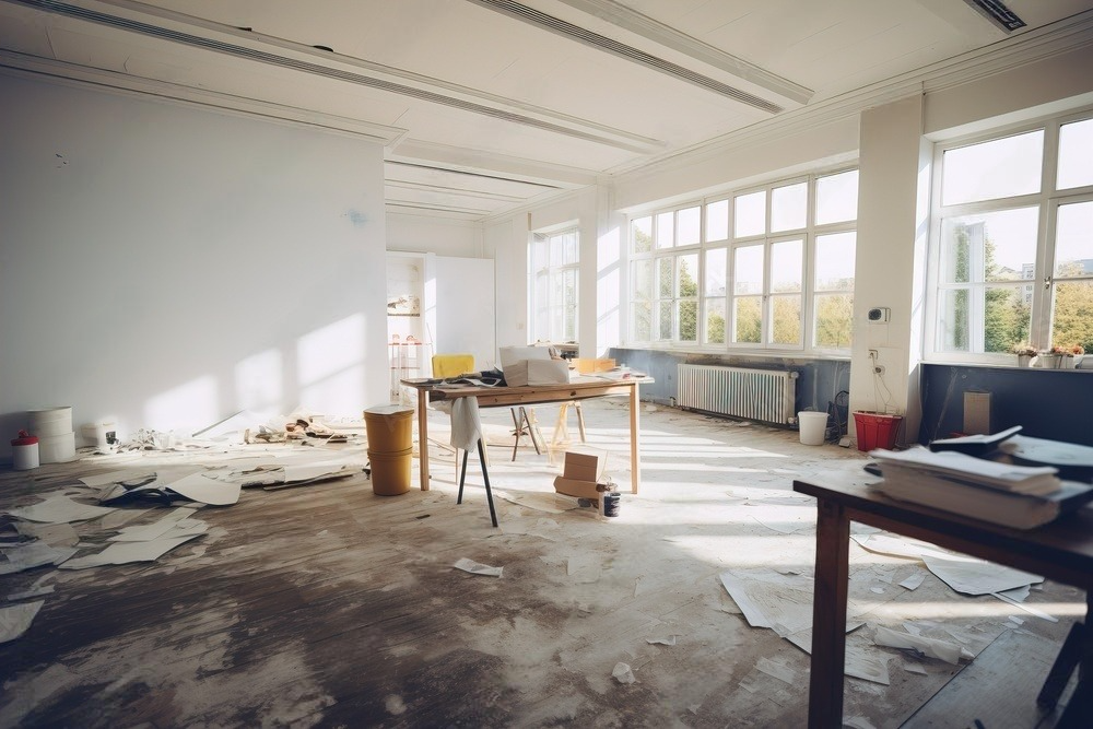 an empty room with a table and chairs in it .
