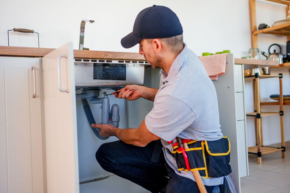 Plumber kneels under a kitchen sink, fixing pipes with a wrench and wearing a tool belt.