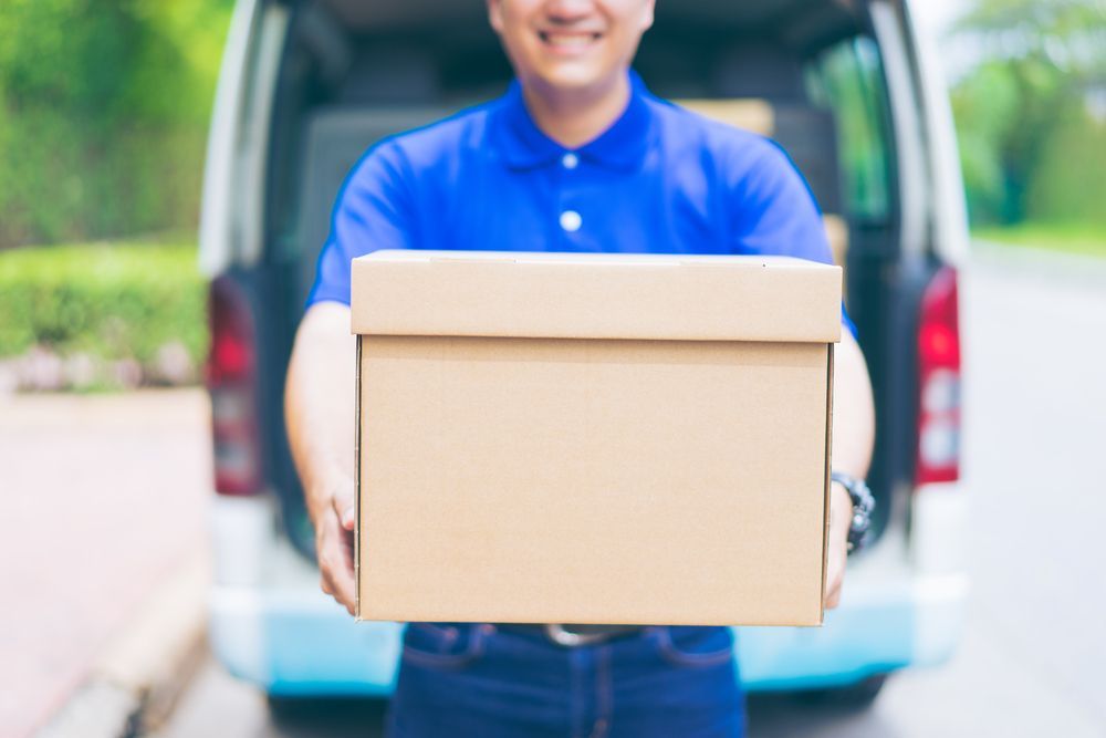 A Delivery Man Is Holding A Cardboard Box In Front Of A Van — James Fast Freight in Albury, NSW