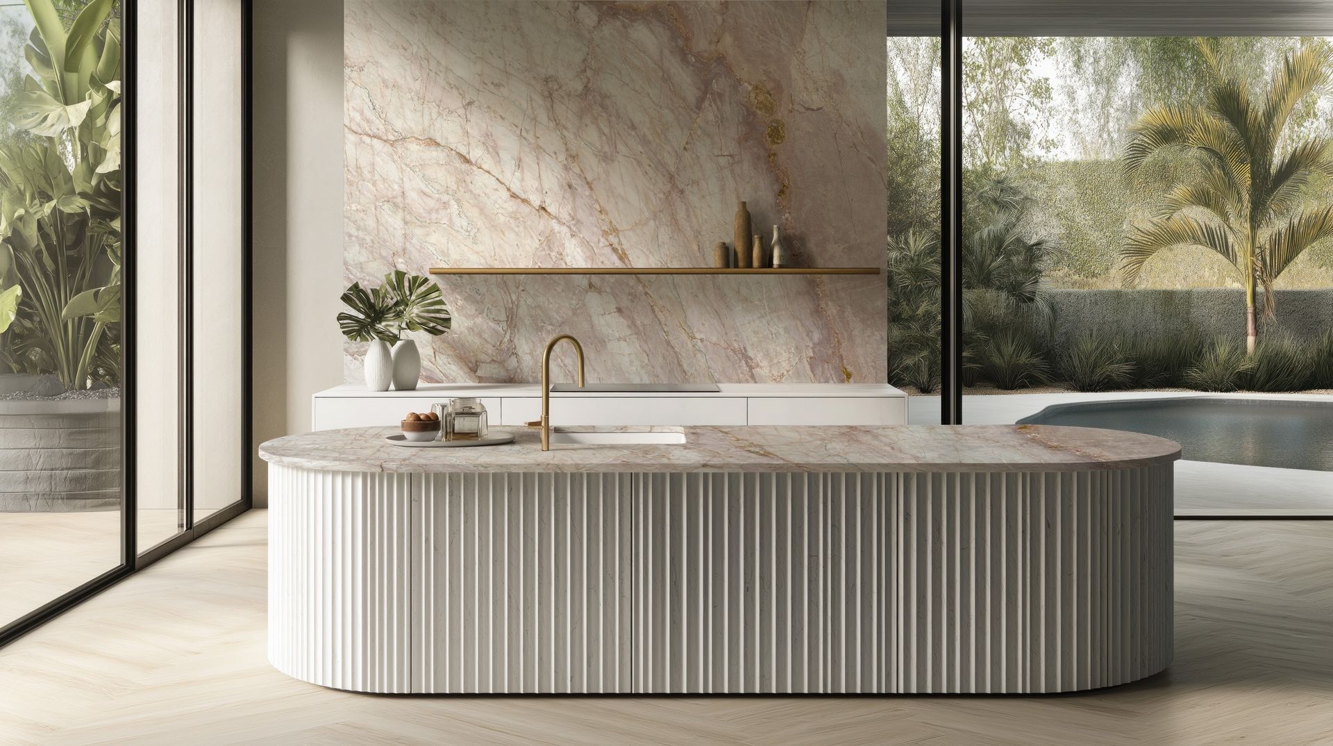 Modern luxury bathroom with oval stone tub, marble walls, and large windows overlooking palm trees — Southeast Stone Pty Ltd In Caloundra West, QLD