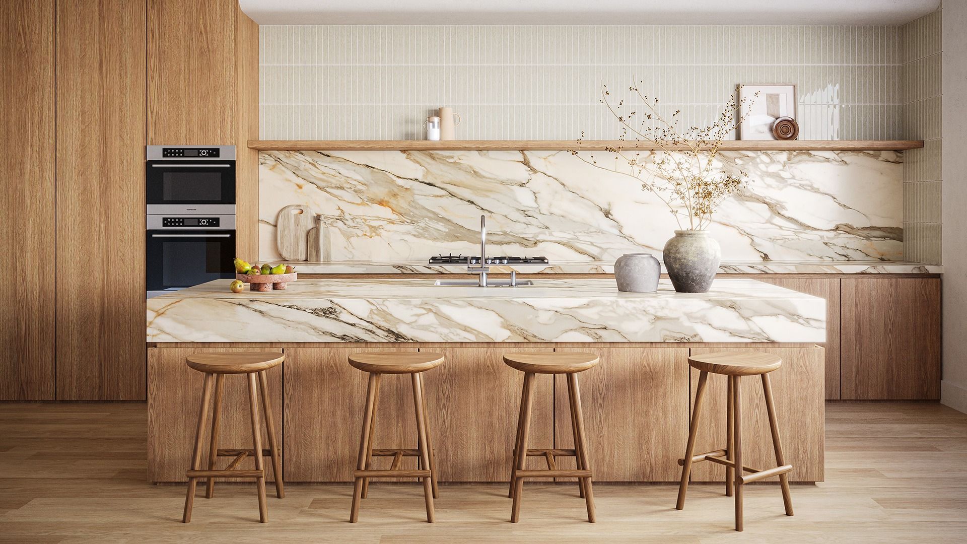 Modern kitchen with wood cabinetry, marble island, and four stools in a bright minimalist interior — Southeast Stone Pty Ltd In Caloundra West, QLD