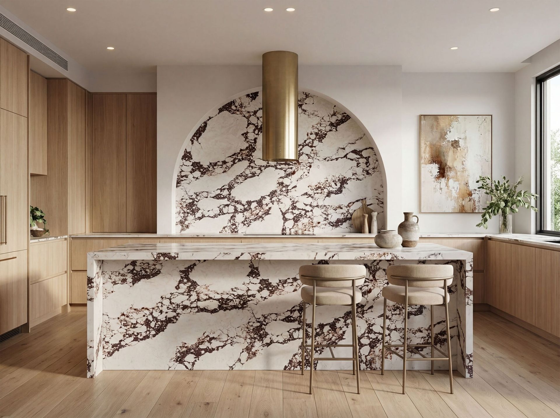 Modern kitchen with marble island, wood cabinets, and gold accents in a bright interior — Southeast Stone Pty Ltd In Caloundra West, QLD