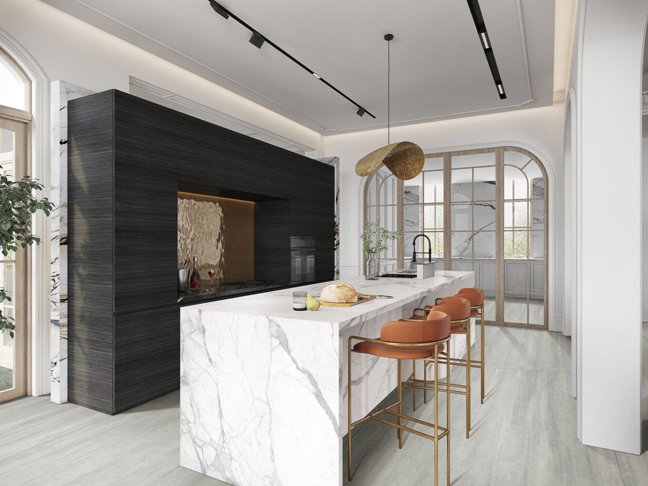 Modern white kitchen with marble island, dark accent wall, copper bar stools, and arched windows — Southeast Stone Pty Ltd In Caloundra West, QLD