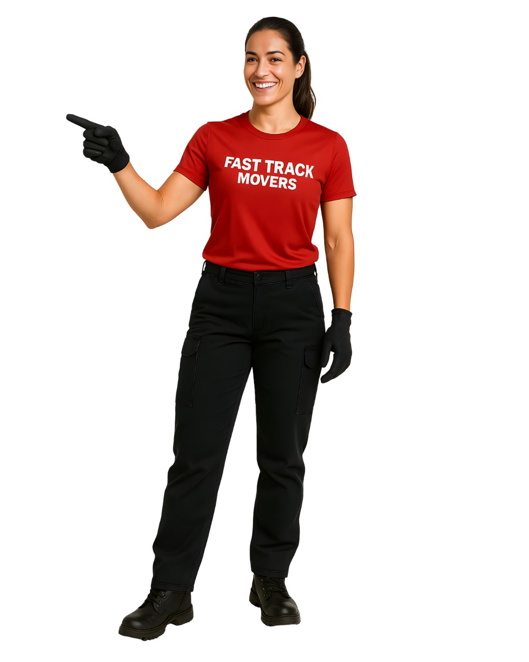 Person in red “FAST-TRAC” shirt and black gloves pointing left, standing against a white background
