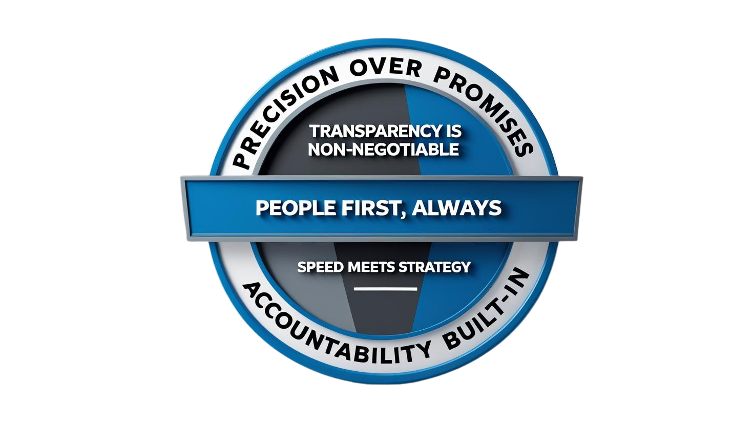 Circular blue logo with “People First, Always” across the center and words about transparency, accountability, and speed.