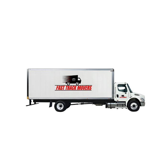 White box truck with “Fast Track Movers” logo on the side, isolated on a white background