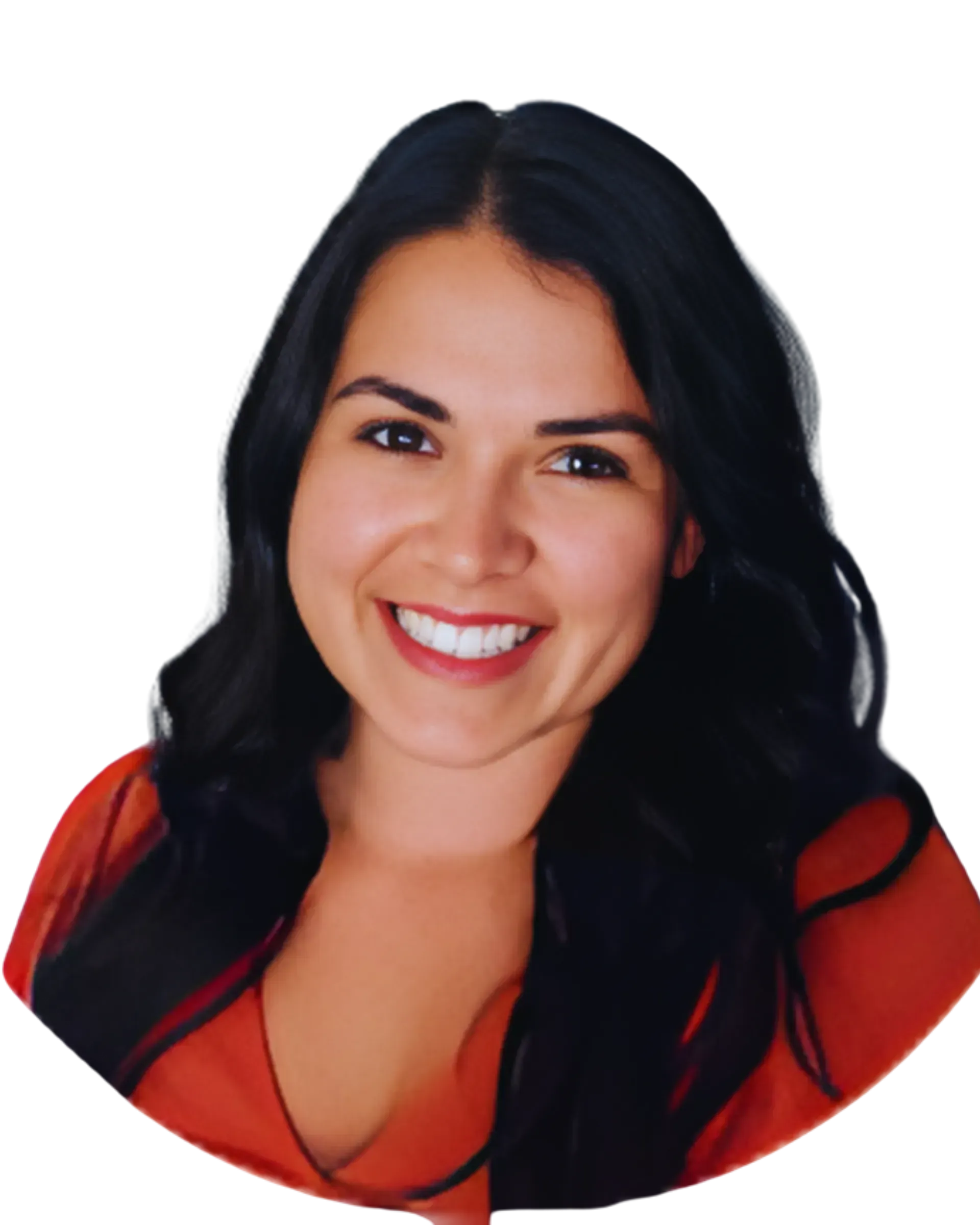 Smiling woman with long dark hair wearing a red top on a white background