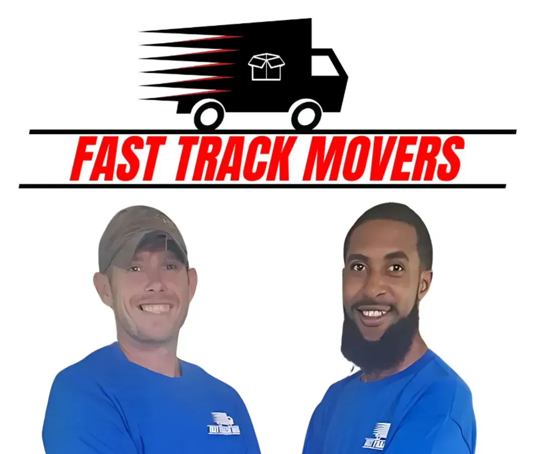 Fast Track Movers logo with black moving truck and two smiling team members in blue shirts