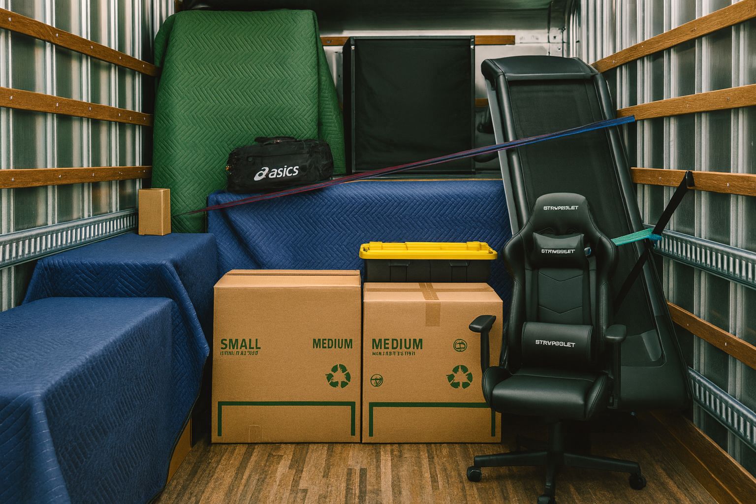 A moving truck loaded with boxes, chairs, and furniture in a striped cargo area.