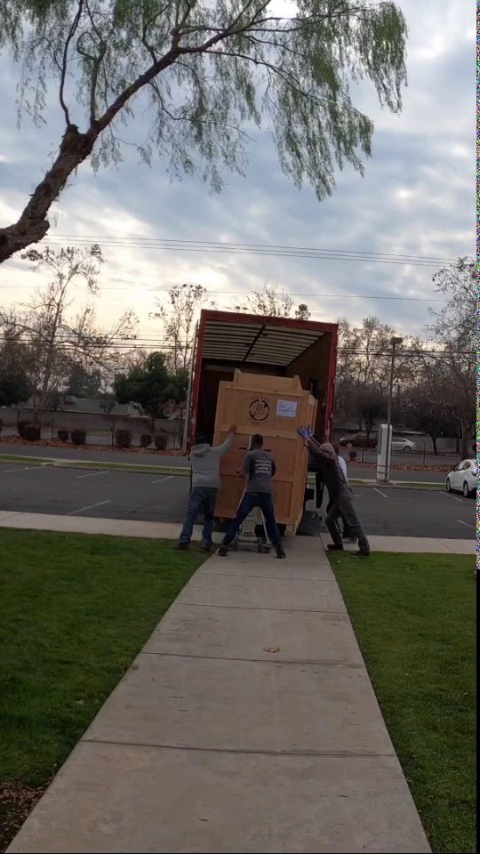 Three people unload boxes from a moving truck beside a sidewalk in a park-like area.