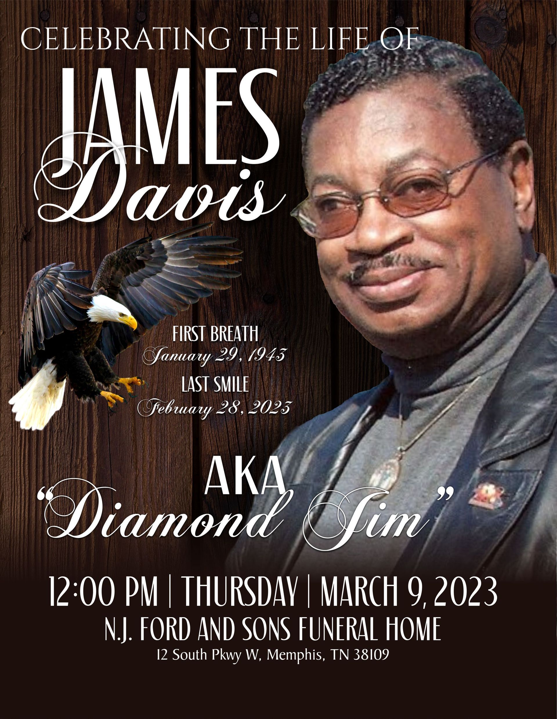 Memorial announcement for James Davis, featuring a photo of him, an eagle, and service details.