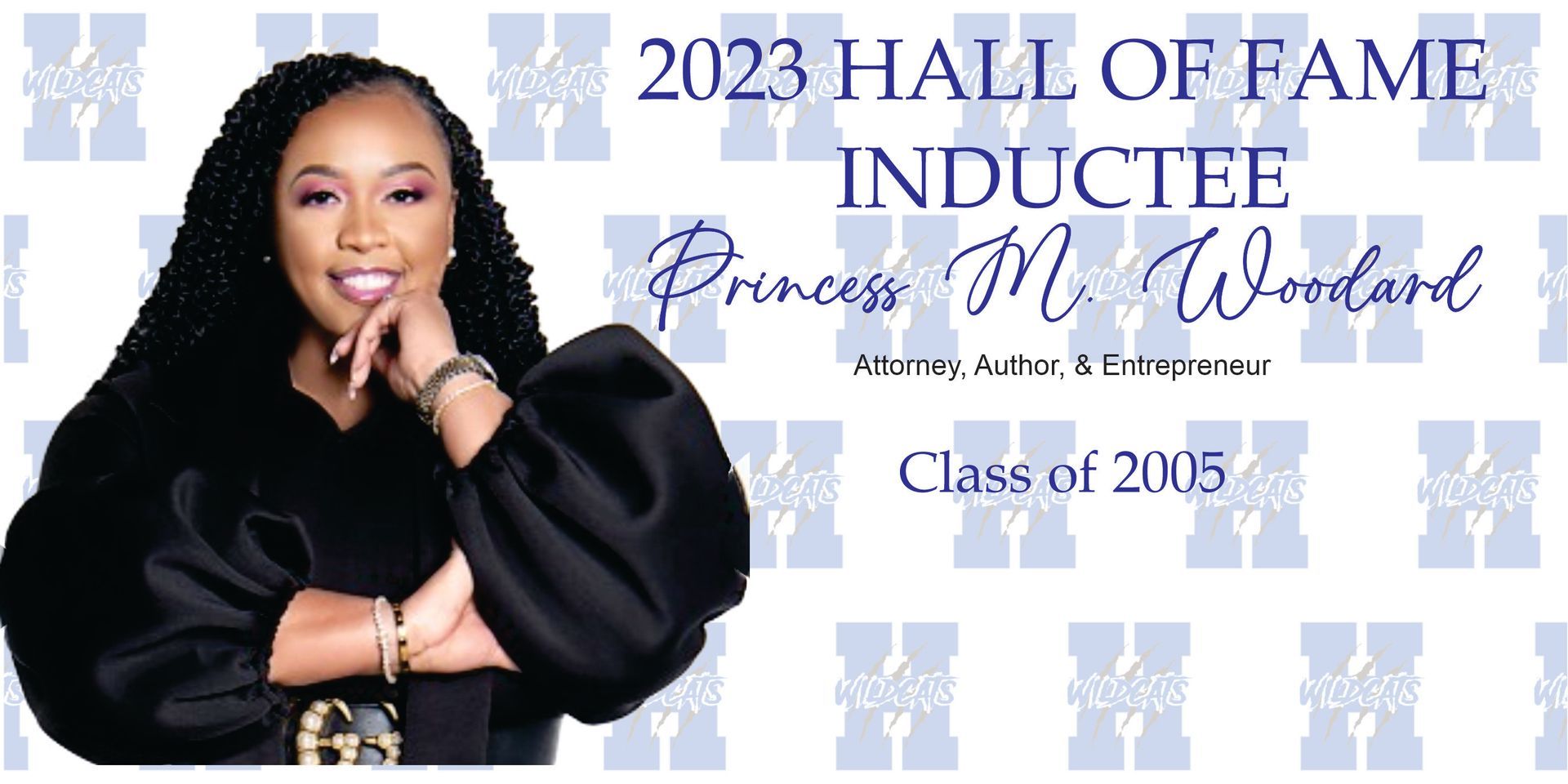 Princess M. Woodard, 2023 Hall of Fame Inductee. Woman in a black robe smiling, with text and class year.