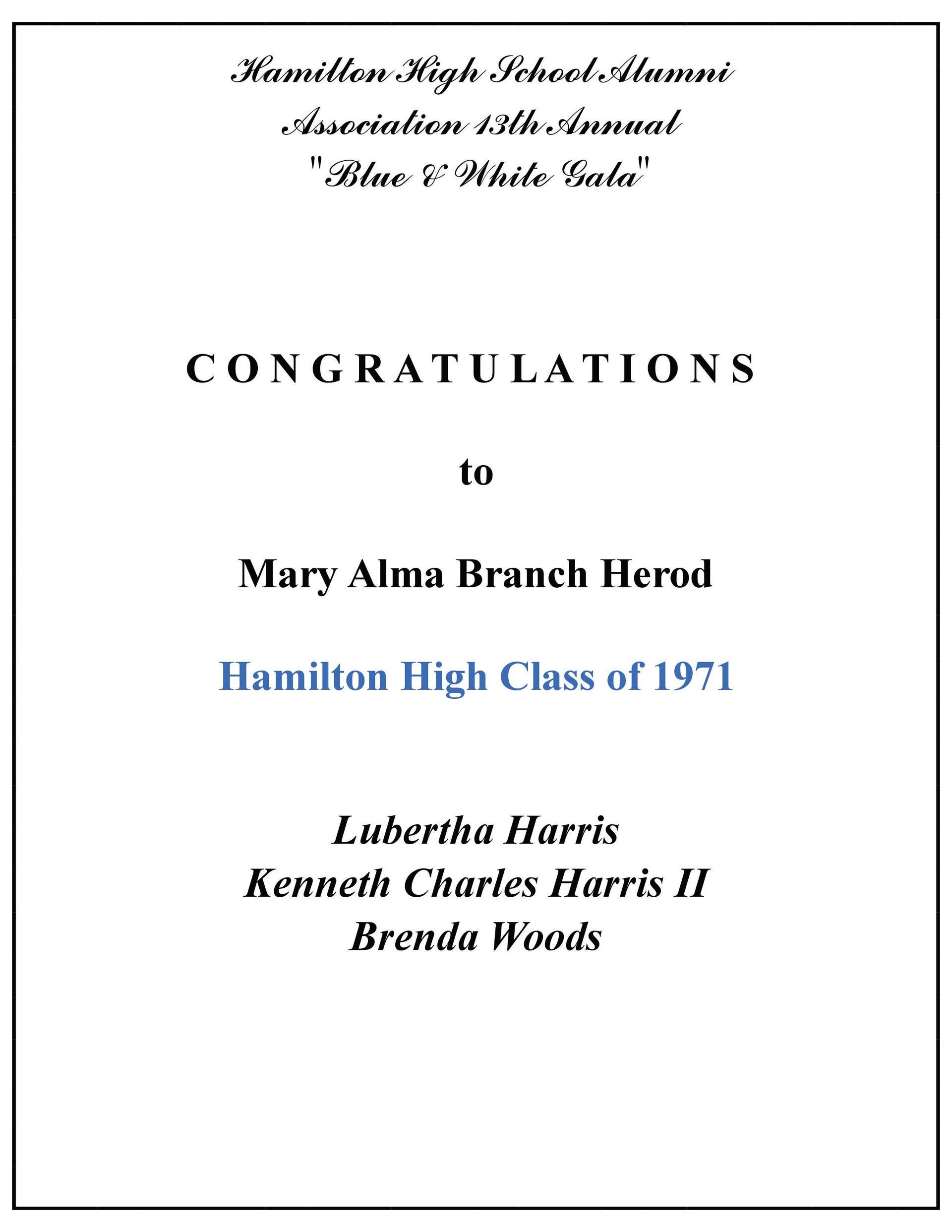 Certificate congratulating Mary Alma Branch Herod from Hamilton High Class of 1971. Names listed below.