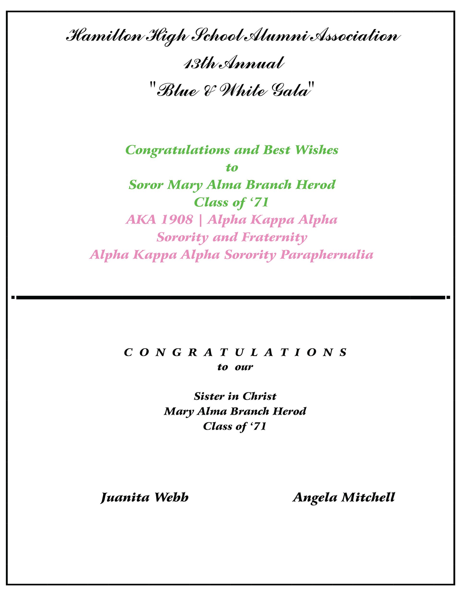 Invitation for a high school alumni event. Congratulates Mary Alona Branch Herod, class of '71.