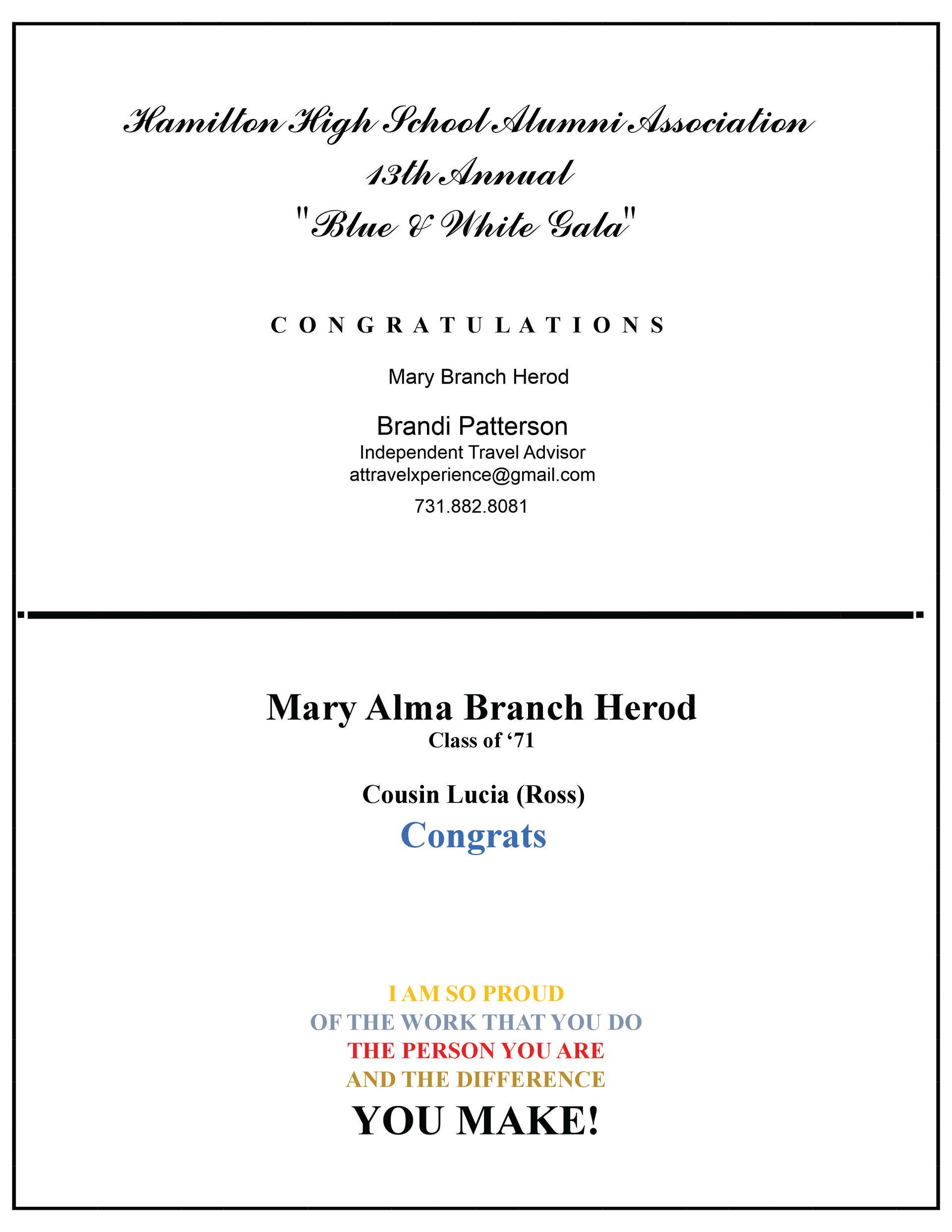 A program from Hamilton Highschool Alumni Association. It contains congratulations and motivational messages.