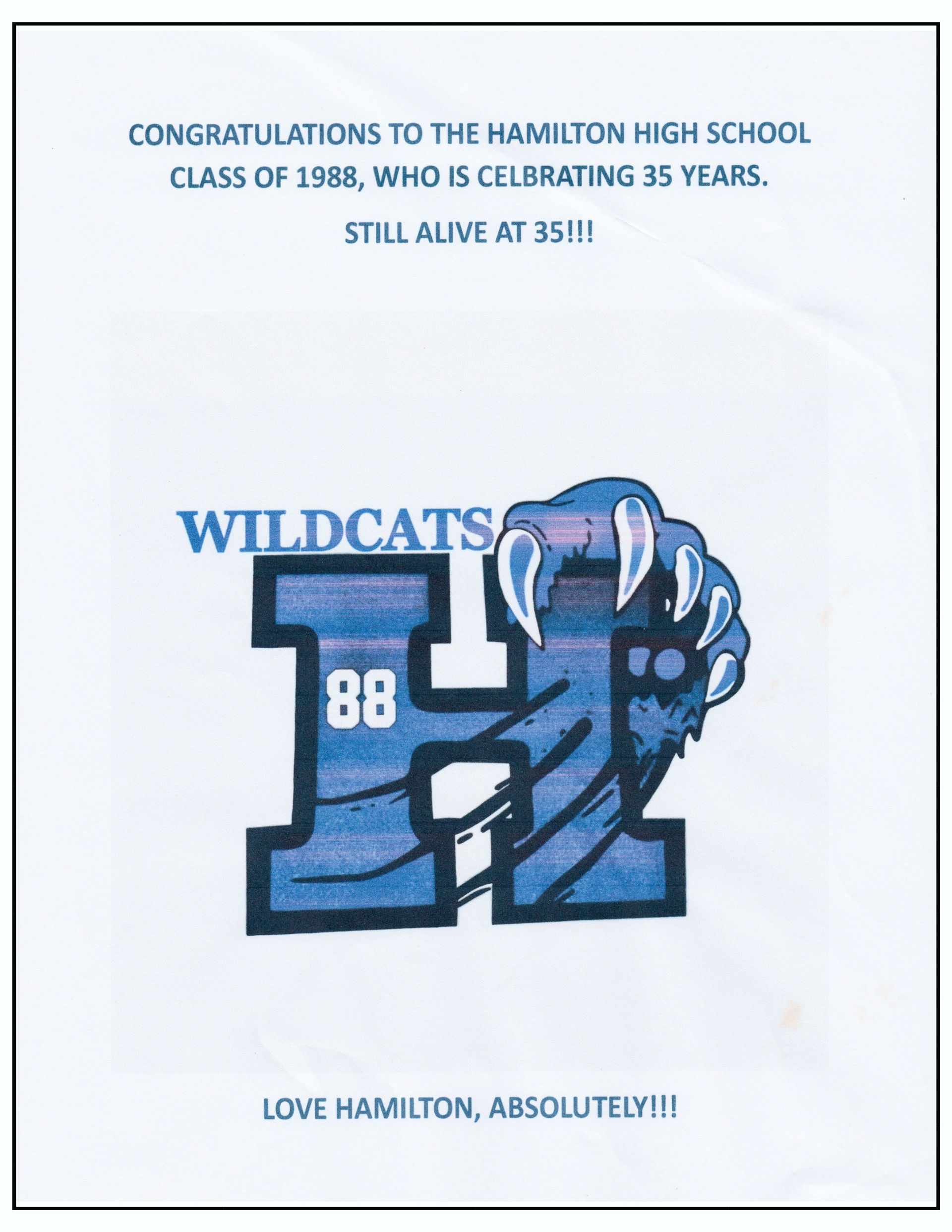 Flyer for Hamilton High School Class of 1988's 35th reunion. Features Wildcats logo and text.