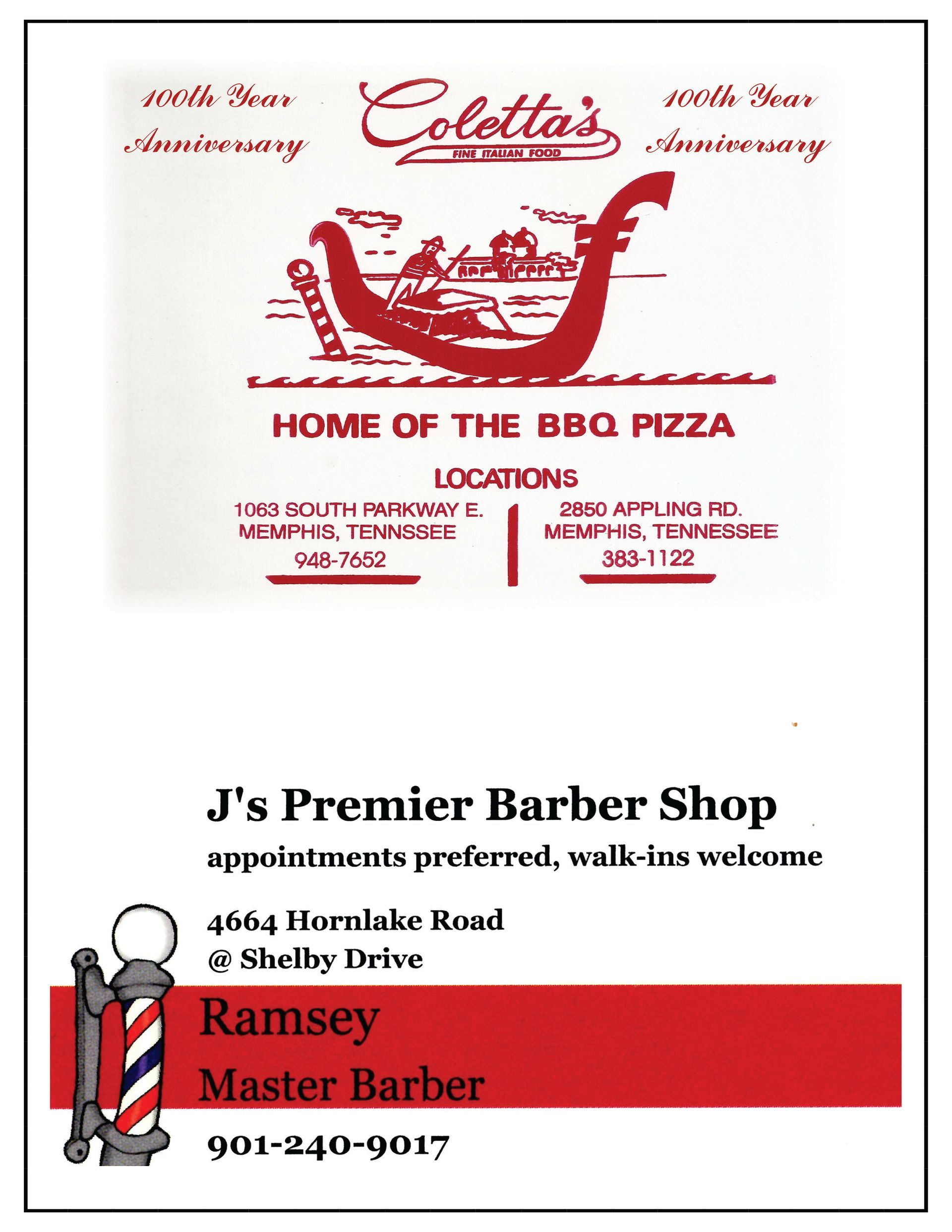 Advertisement featuring Coletta's restaurant logo and J's Premier Barber Shop details (address, phone).