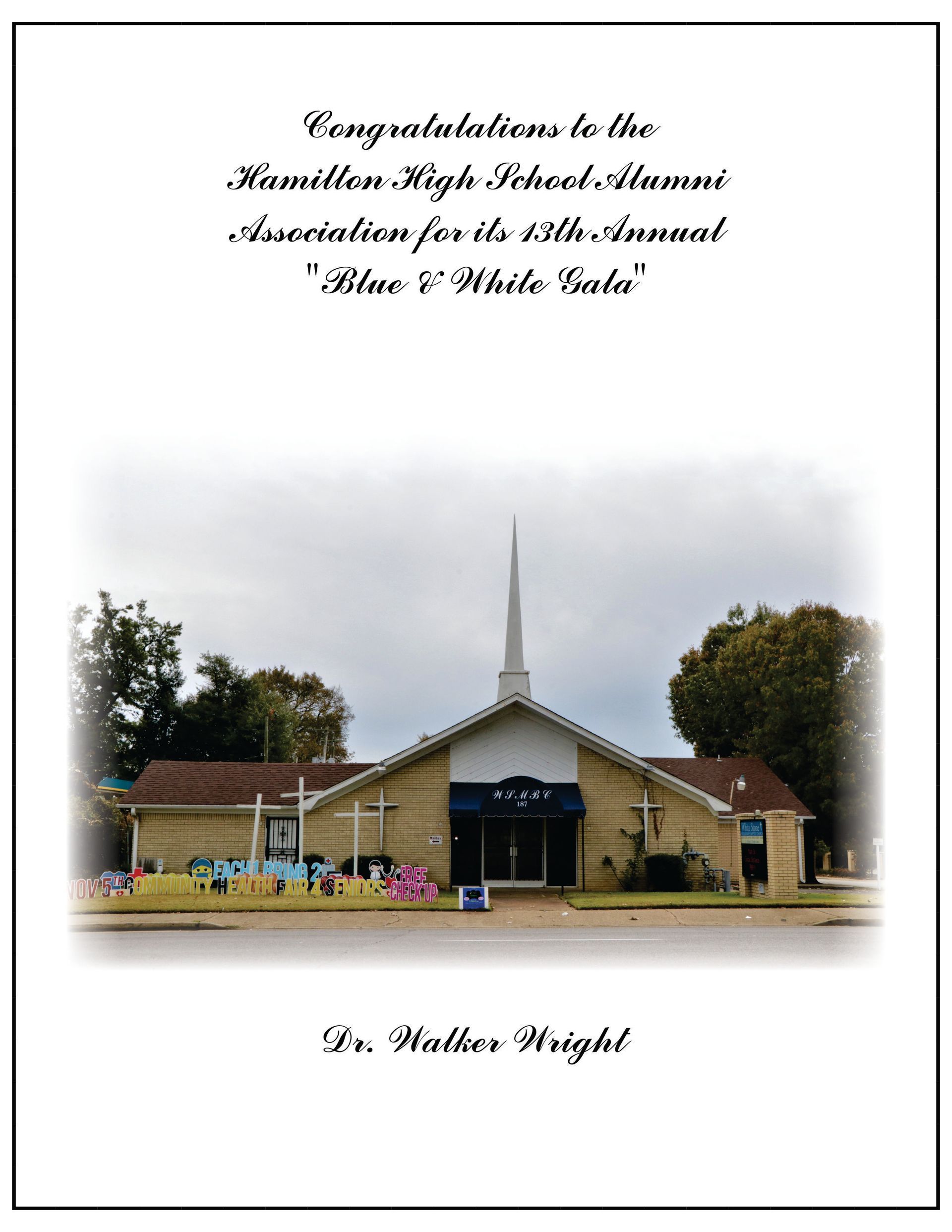 A card with a photo of a church, text congratulating Kamilless High School Alumni Association.