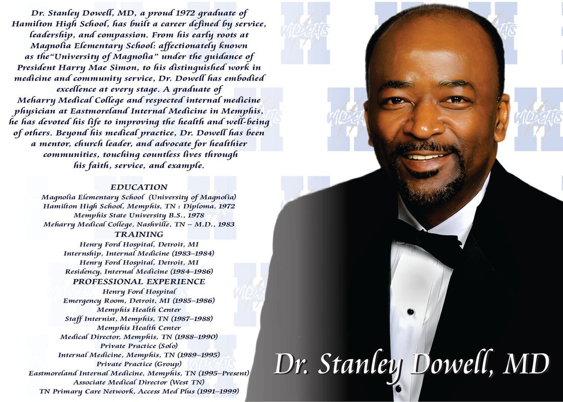 Dr. Stanley Dowell, MD, smiling in a tuxedo; text about his education and professional background is on the left.