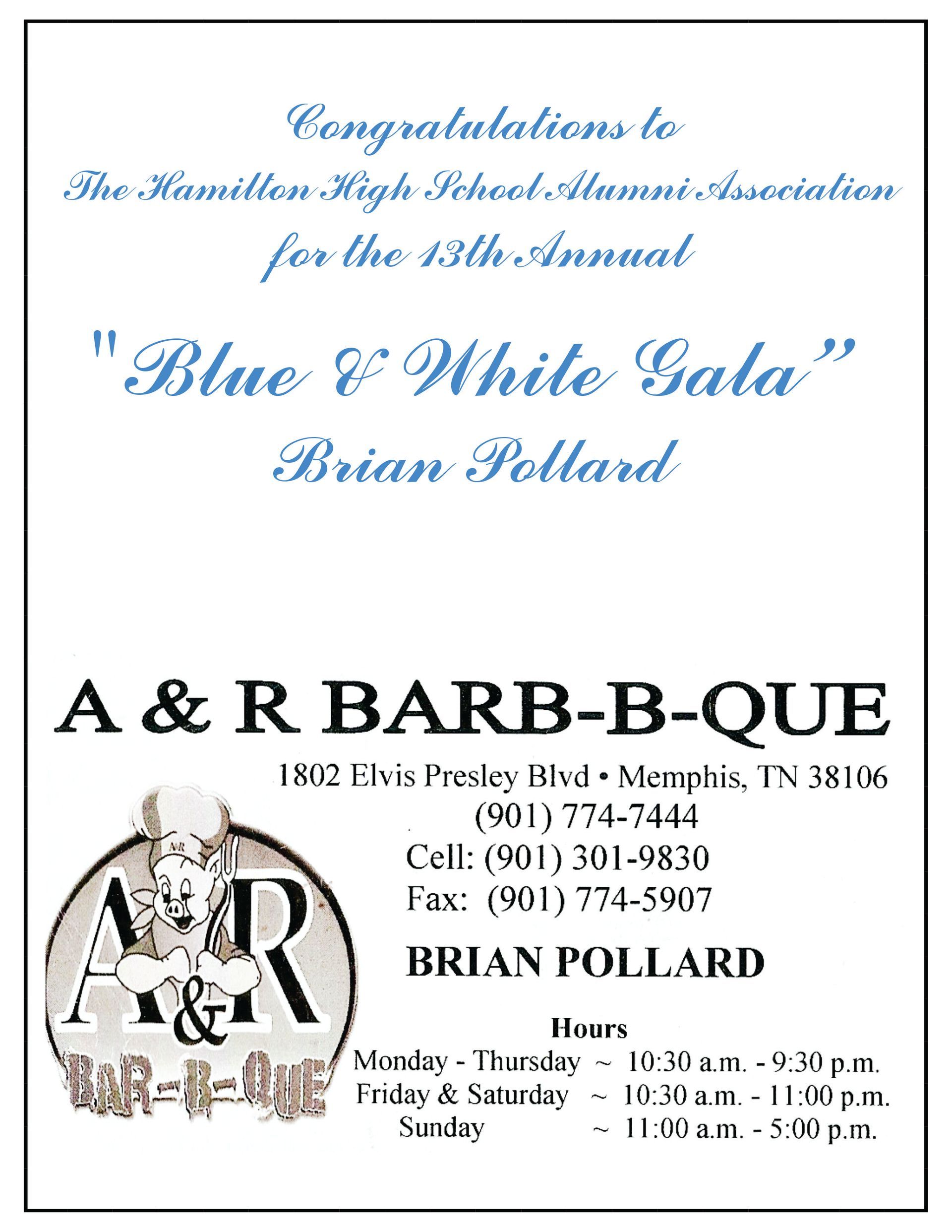 Advertisement for A & R Barbecue, Memphis, TN, congratulating the Hamilton High School Alumni's 
