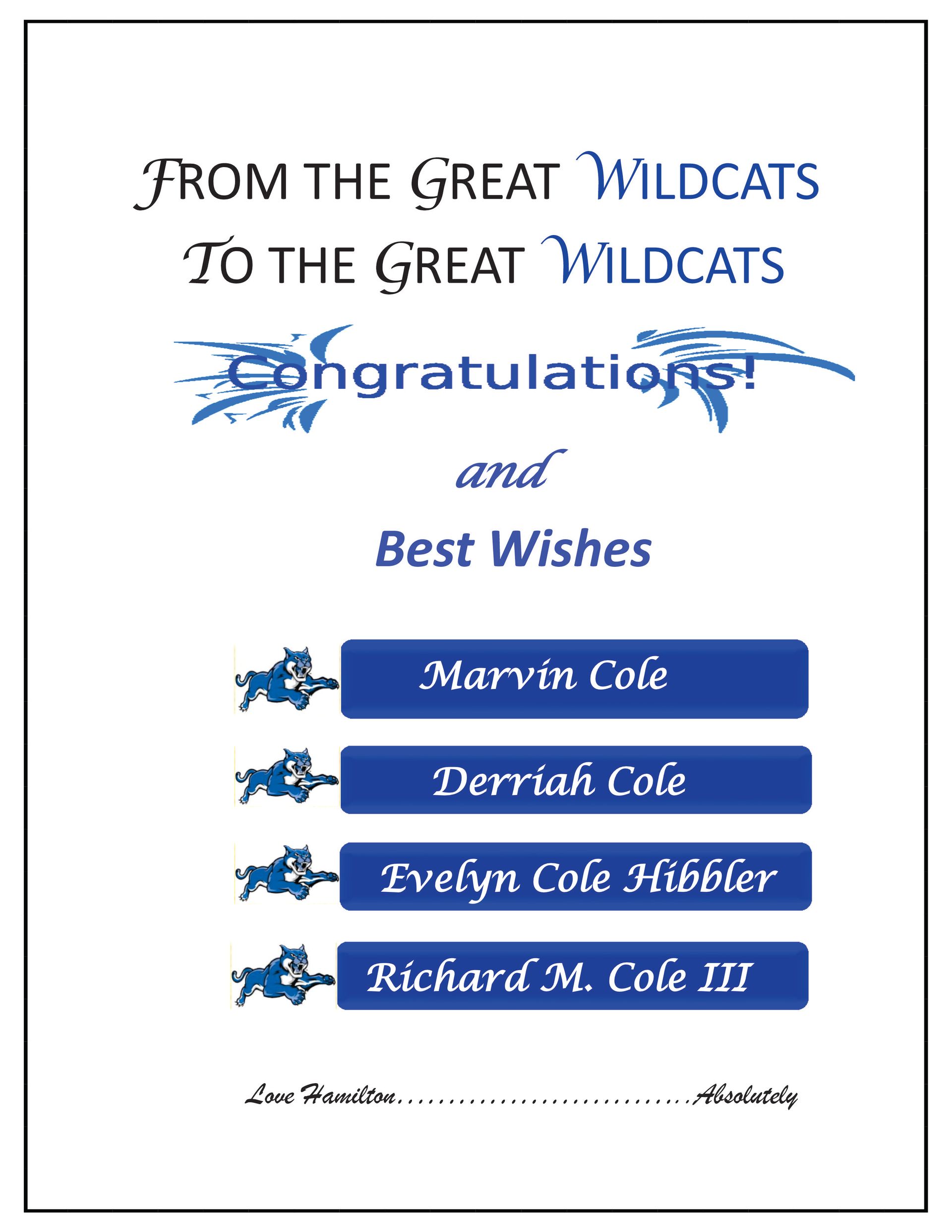 Blue and white congratulatory card with text 