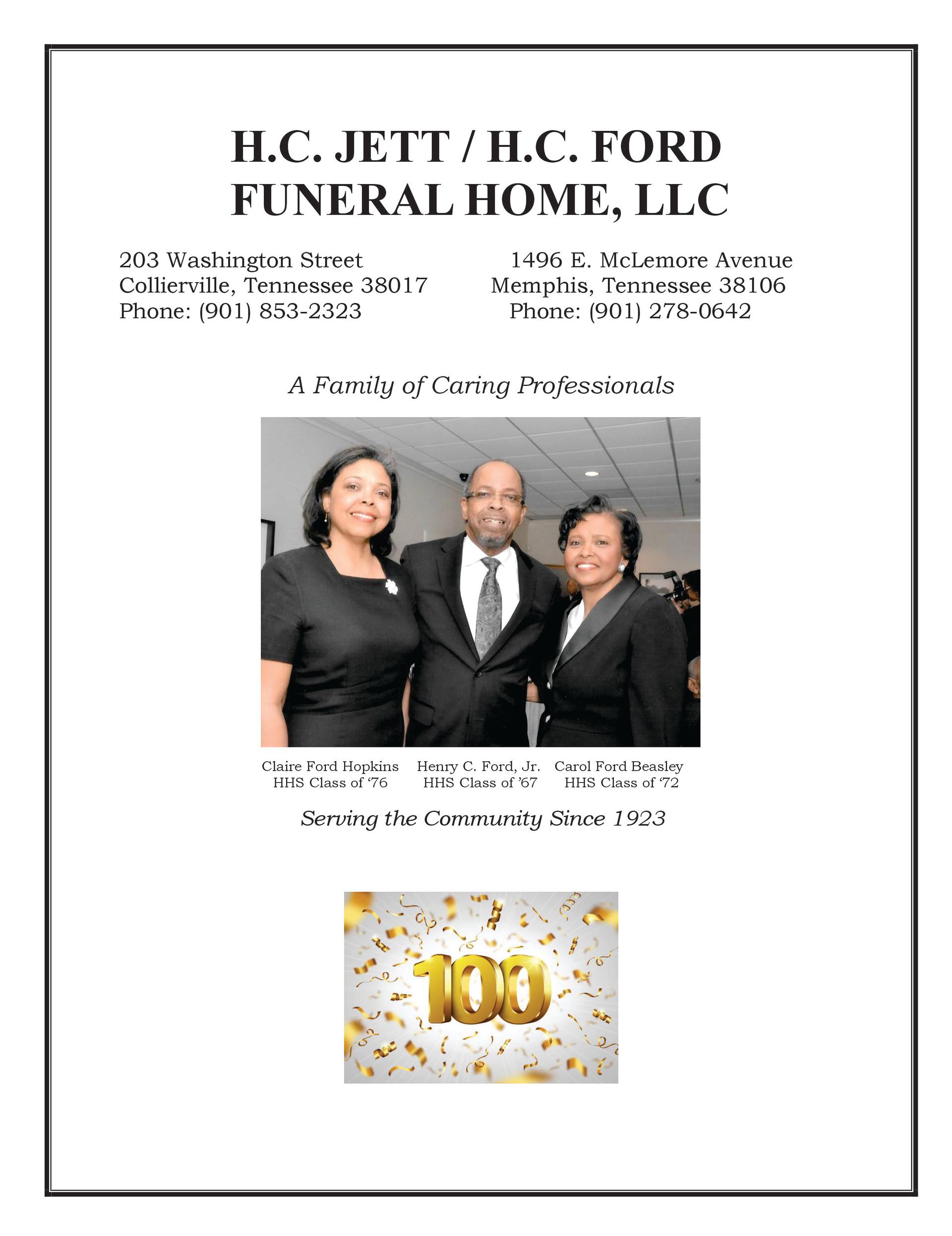 Funeral home advertisement with photos and celebratory 