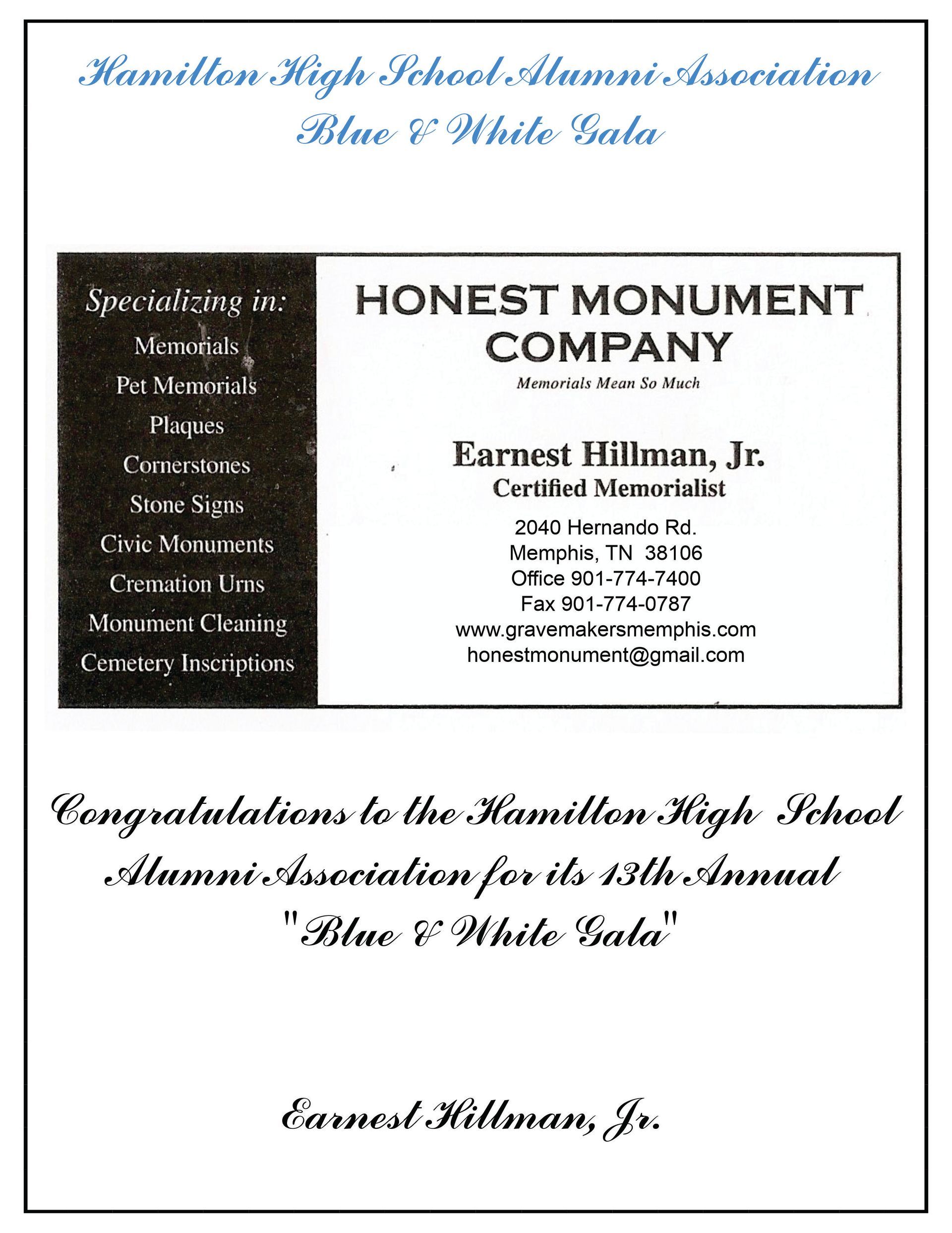 An advertisement for Honest Monument Company 