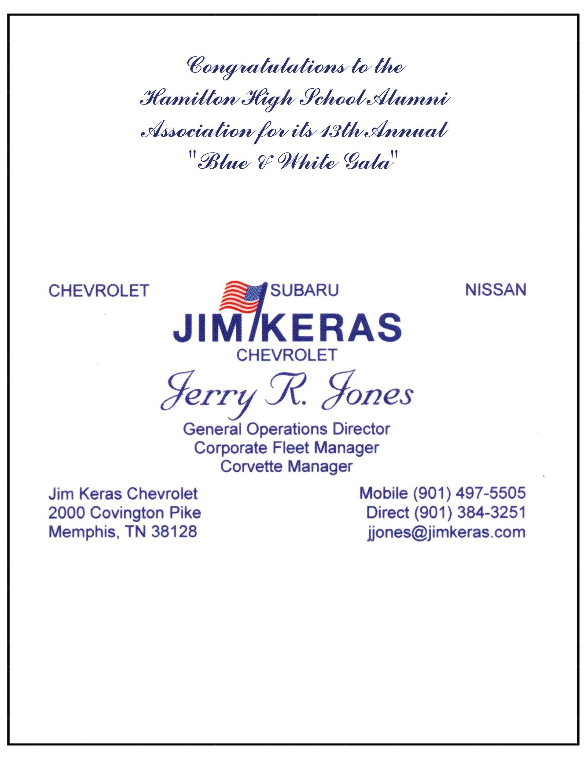 Advertisement congratulating the high school alumni association. Logos for Chevrolet, Subaru, and Nissan.